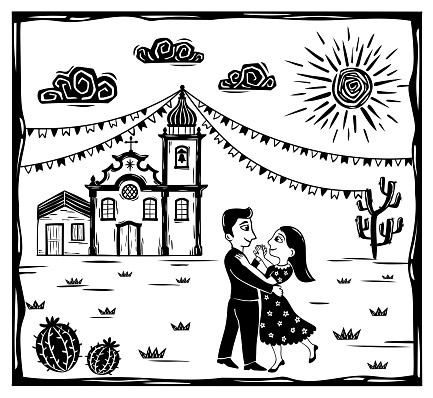 Loving couple dancing at a Festa Junina, São João, village of houses in the interior of Brazil, scorching sun. Woodcut vector in cordel style
