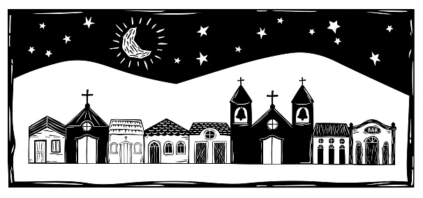 Rural village of simple houses and little church, night with moon and stars in the interior of Brazil, vector woodcut, cordel from the Brazilian Northeast