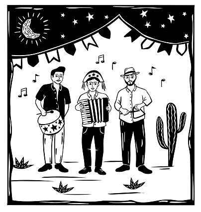 Three men with musical instruments playing at a popular party, starry night in a desert scene