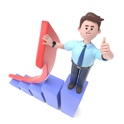 3D illustration of smiling Asian man Felix in the top of a bar graph. Growth metaphor.3D rendering on white background.