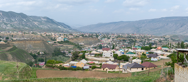 Panoramic view of the city of Akusha, located in the North Caucasus mountains, Republic of Dagestan, Federation of Russia