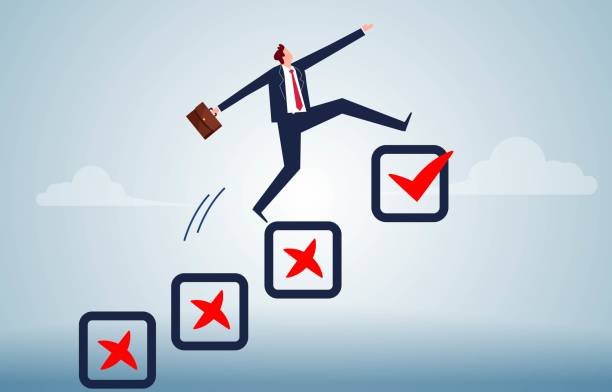 von misserfolg zu erfolg, misserfolg ist die mutter des erfolgs, der entschlossenheit und des mutes, der beharrlichen herausforderung und des vertrauens, der geschäftsleute nach unzähligen misserfolgen, um endlich erfolg zu haben - bestimmtheit stock-grafiken, -clipart, -cartoons und -symbole