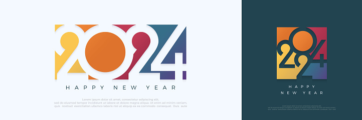 Happy new year 2024 design. With colorful truncated number illustrations. Premium vector design for poster, banner, greeting and new year 2024 celebration.