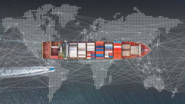 istock Container ship global business logistics import export freight shipping transportation, Container ship analysis, Big data visualization abstract graphic globe and chart information business. 1493655262