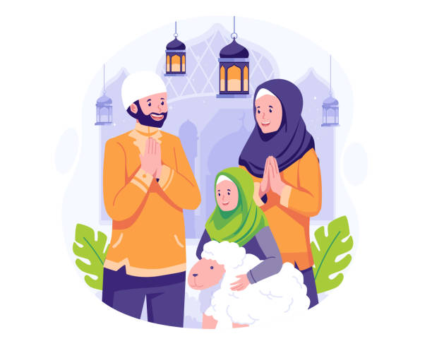 illustrazioni stock, clip art, cartoni animati e icone di tendenza di felice saluto della famiglia musulmana eid al adha mubarak. celebra la tradizione del sacrificio islamico di eid al adha. illustrazione vettoriale - saudi arabia child ramadan offspring