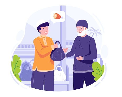 Happy Eid Al Adha. A Muslim person gives alms or a plastic bag containing sacrificial meat to the poor or the underprivileged. Vector Illustration