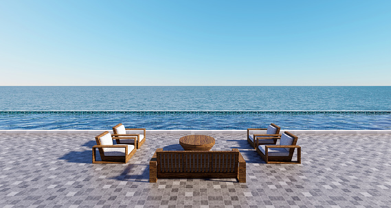 ฺBeach house,  Hotel Resort in only poolside and chairs looking out, swimming pool close to the sea and sky, perfect for relaxing. luxury interior 3d rendering with sea view.