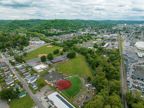 Aerial drone view of the Charleston Central Baseball Field located in Charleston, WV near the North Charleston Recreation Center.