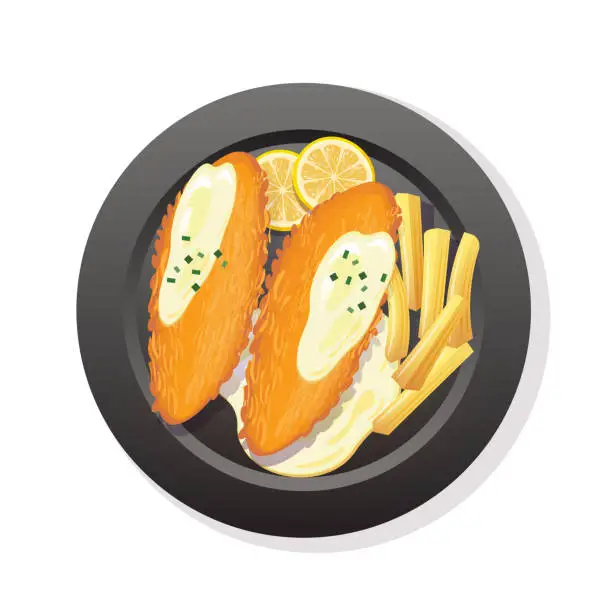 Vector illustration of fish and chips on plate vector illustration