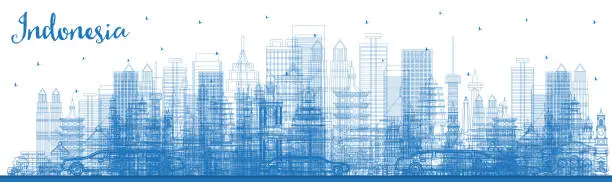Vector illustration of Outline Indonesia Cities Skyline with Blue Buildings. Tourism Concept with Historic Architecture.