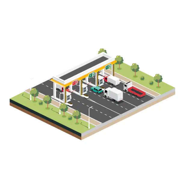 Vector illustration of Isometric Toll Road with Trucks and Cars. Payment Checkpoint. Toll Collection Area in the Turnpike.
