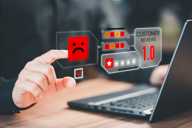 istock Man give negative reviews for customer satisfaction surveys. Assessment one star rating for testimonial, customer evaluation feedback, service rating satisfaction and certification concept. 1493671680