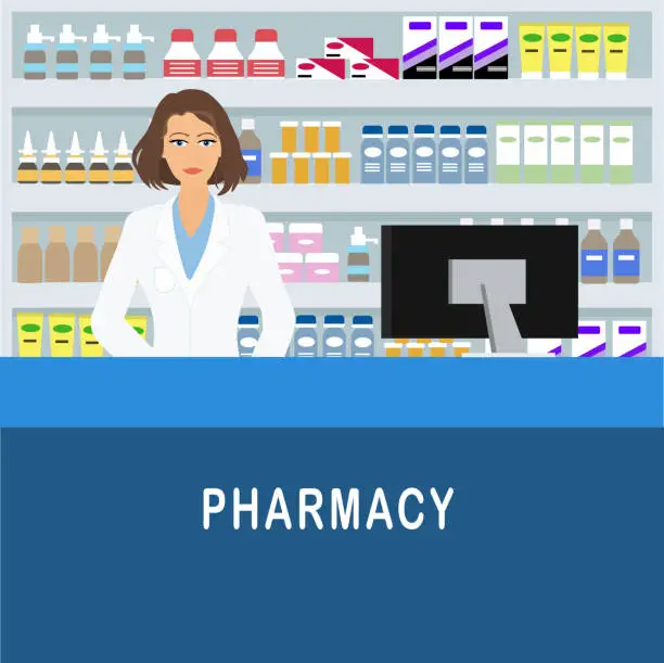 Vector illustration of Young female pharmacist in pharmacy