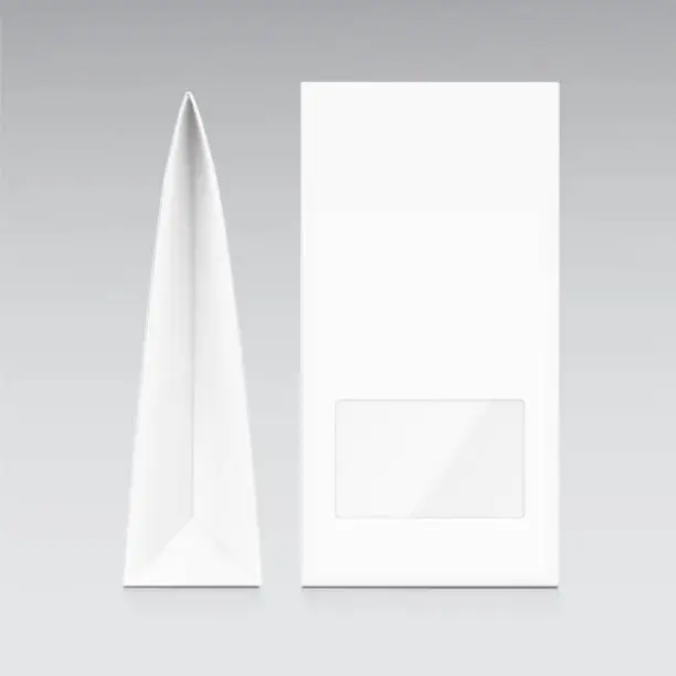 Vector illustration of Realistic triangular cardboard box mockup. Vector illustration isolated on white background.