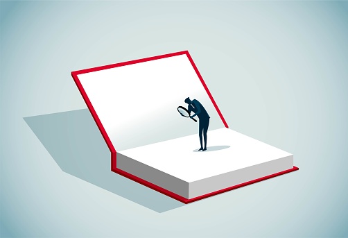 A man with a magnifying glass stands on a huge book and tries to find out what's wrong, This is a set of business illustrations