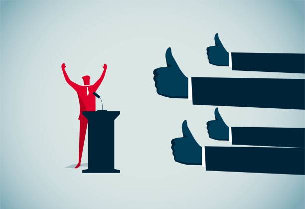 satisfactory speech This is a speech recognized by many. The man raised his hands up in victory, This is a set of business illustrations celebrity endorsements stock illustrations
