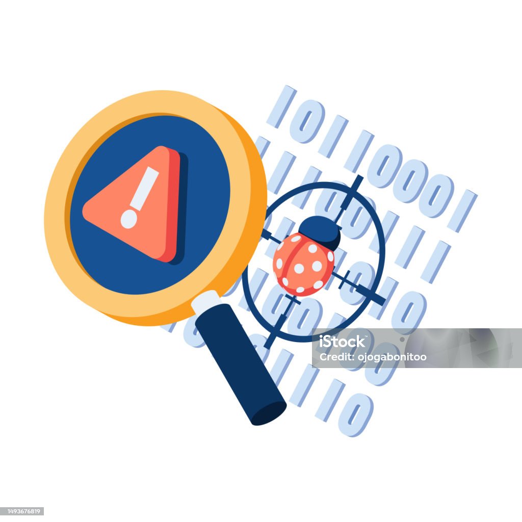 Isometric Magnifier Scanning Bug On Binary Code Stock Illustration ...