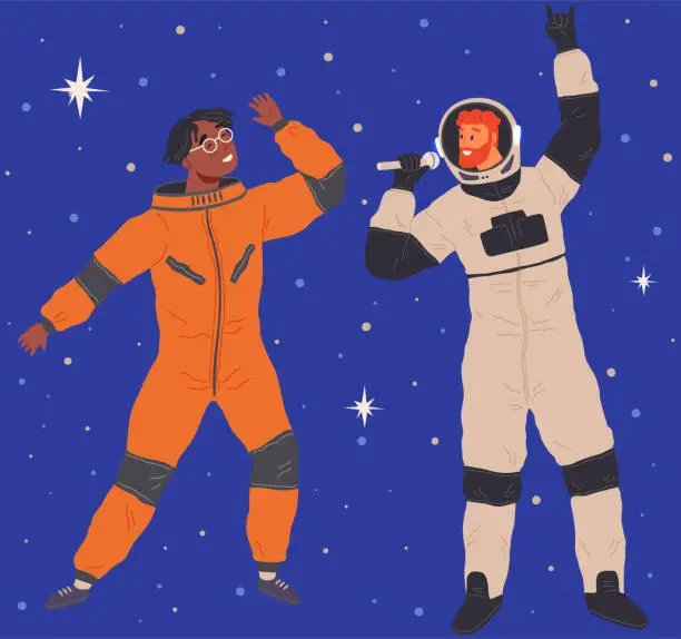 Vector illustration of Animators at birthday in cosmic style. Theme party in costumes. People in costumes have fun at space party