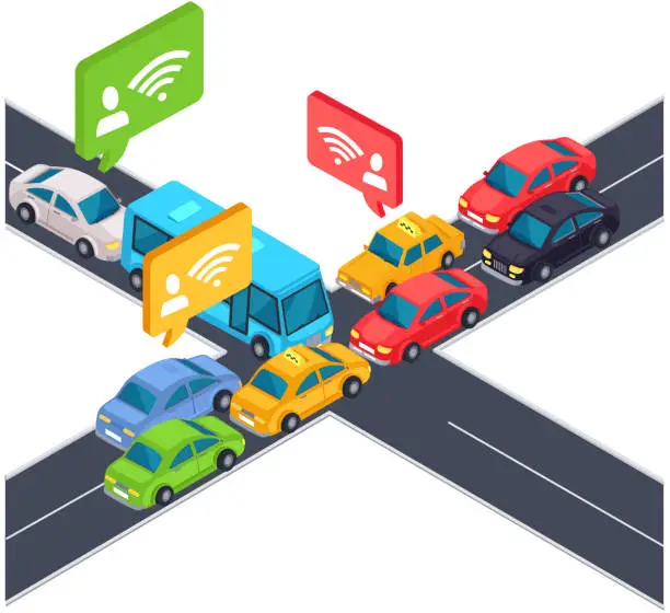 Vector illustration of Crossroad street with cars in traffic jam, accident. Intersection with automobiles while driving