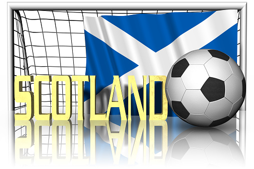 Scotland. National flag with soccer ball in the foreground. Sport football - 3D Illustration
