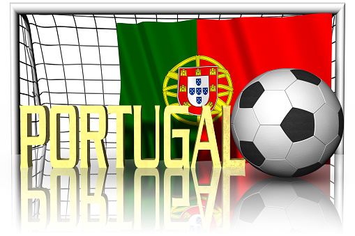 Portugal. National flag with soccer ball in the foreground. Sport football - 3D Illustration