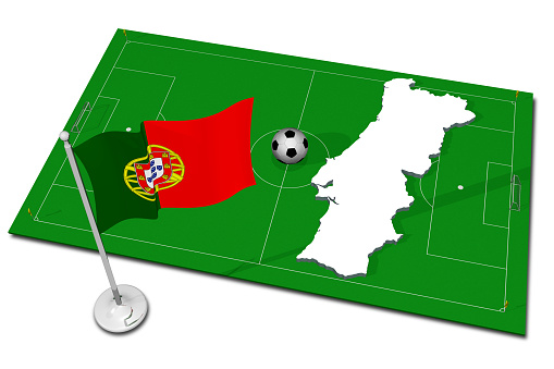 Portugal. National flag with soccer ball in the foreground. Sport football - 3D Illustration