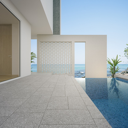 Concrete tile deck 3d rendering with sea view.
