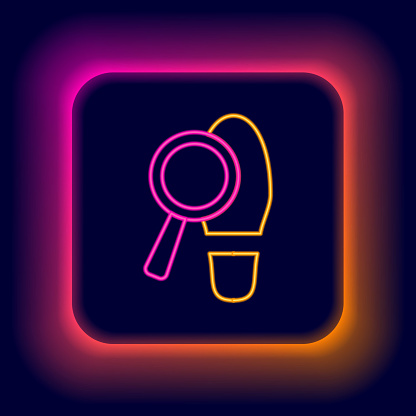 Glowing neon line Magnifying glass with footsteps icon isolated on black background. Detective is investigating. To follow in the footsteps. Colorful outline concept. Vector.