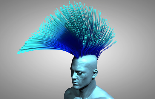 Man with digital communication wires sprouting from his brain. Fashion man who grew absurd hair style.