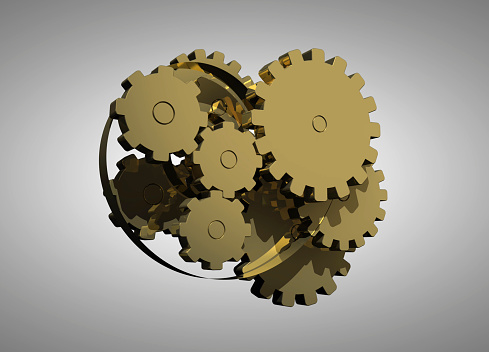 Gears of different sizes that come together to form a harmonious set. A business structure where different functions can work together.