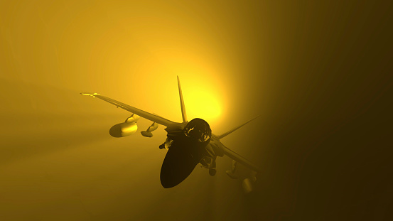 Air Force jet begins a challenging bombing mission in the foggy sky.