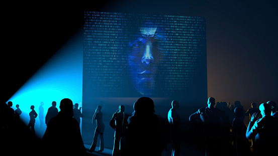 Robotic face peeking through an animated binary code screen at subway station in the future.