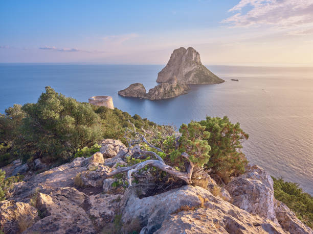 Es Vedrà, Es Vedranell, Torre des Savinar, Rocky Isles, Ancient Tower and Lush Mediterranean Scrub at Sunset, Ibiza, Spain Wide-angle view of the rocky isles of Es Vedrà and Es Vedranell, off the south-western coast of Ibiza, and the 18th-century Torre des Savinar (also known as Torre del Pirata). Picturesque clouds, calm waters reflecting the oblique, golden light of a summer sunset, steep cliffs covered with lush Mediterranean scrub. High level of detail, natural rendition, realistic feel. Developed from RAW. ibiza island stock pictures, royalty-free photos & images