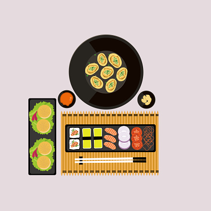 Dim sum, bone marrow, sushi and soy sauce, illustration