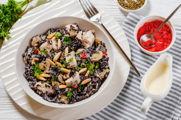 istock black rice with cream, chicken, mushrooms, almonds 1493692306