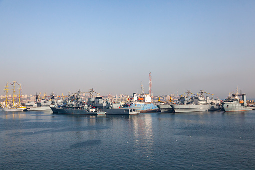 Constanta, Romania - 02.26.2021 - NATO Naval Base in the city of Constanta Romania with warships at the pier.