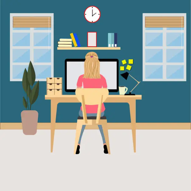 Vector illustration of Girl studying with her computer at home