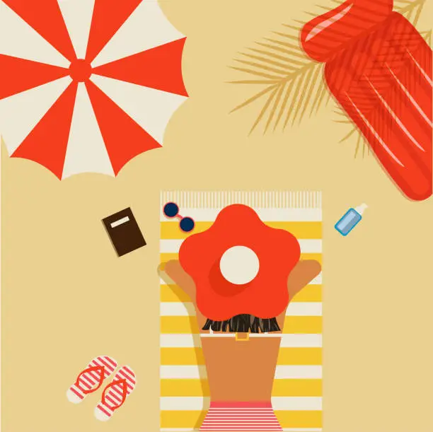 Vector illustration of Young Woman Sunbathing On Tropical Beach