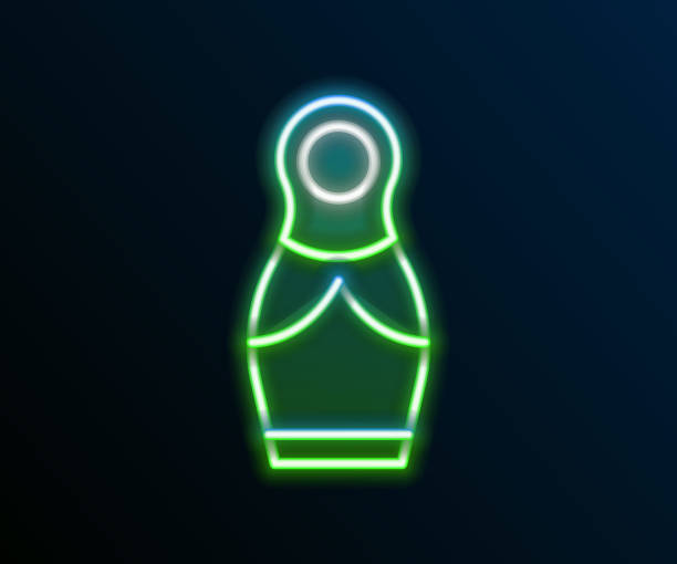 ilustraciones, imágenes clip art, dibujos animados e iconos de stock de brillante línea de neón icono de muñeca rusa matrioshka aislado sobre fondo negro. concepto de esquema colorido. vector - babushka russian nesting doll doll green