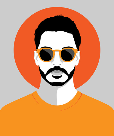 Young bearded handsome man wearing fashionable sunglasses and orange t-shirt, colorful vector portrait, front view