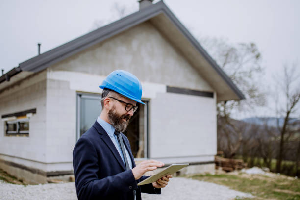 istock Mature businessman controlling blueprints from unfinished house. 1493706540