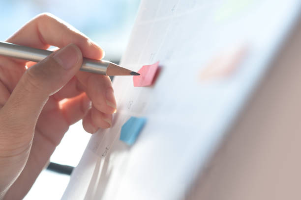 istock Woman hand with a pencil taking note on work planner schedule on desktop calendar, checking appointment date, event planning, close up 1493710064