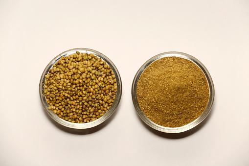 Coriander Powder  table top view isolate on white background