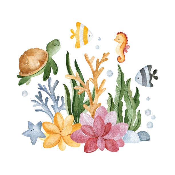 акварельная композиция с водорослями, морскими обитателями, ракушками и кораллами. подводная коллекция - lagoon stock illustrations