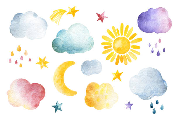 niedliche einhörner-sammlung. sammlung mit aquarellwolken, sternen, sonne und mond - meteorology spring season drop stock-grafiken, -clipart, -cartoons und -symbole