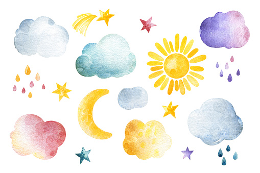 Cute unicorns collection. Collection with watercolor clouds,stars sun and moon. Pastel colors.Perfect for print,wallpapers,textile,packaging,baby clothes,fabric,birthday,stickers