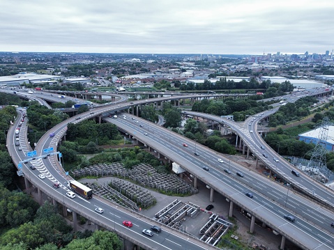 Aerial View of Spaghetti Junction, Gravelly Interchange, M6, Junction 6, Birmingham, West Midlands, England, United Kingdom, 18th August 2021
