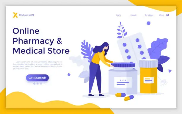 Vector illustration of Landing page template with patient and pills or meds in blisters and jars. Concept of online pharmacy or medical store, medication, pharmaceutical drug, pharmacology. Modern flat vector illustration.