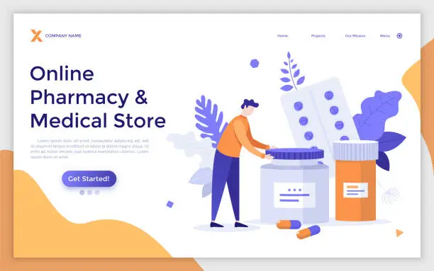 Vector illustration of Landing page template with patient and pills or meds in blisters and jars. Concept of online pharmacy or medical store, medication, pharmaceutical drug, pharmacology. Modern flat vector illustration.