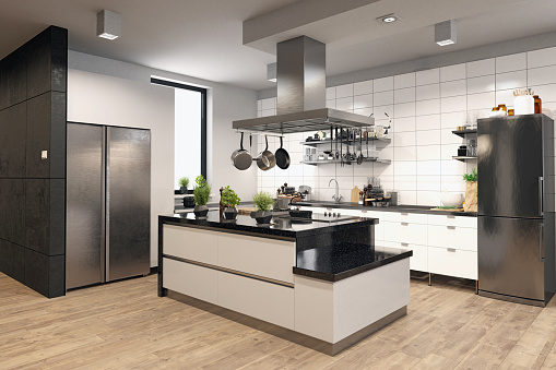 3D illustration of a modern apartment kitchen interior.